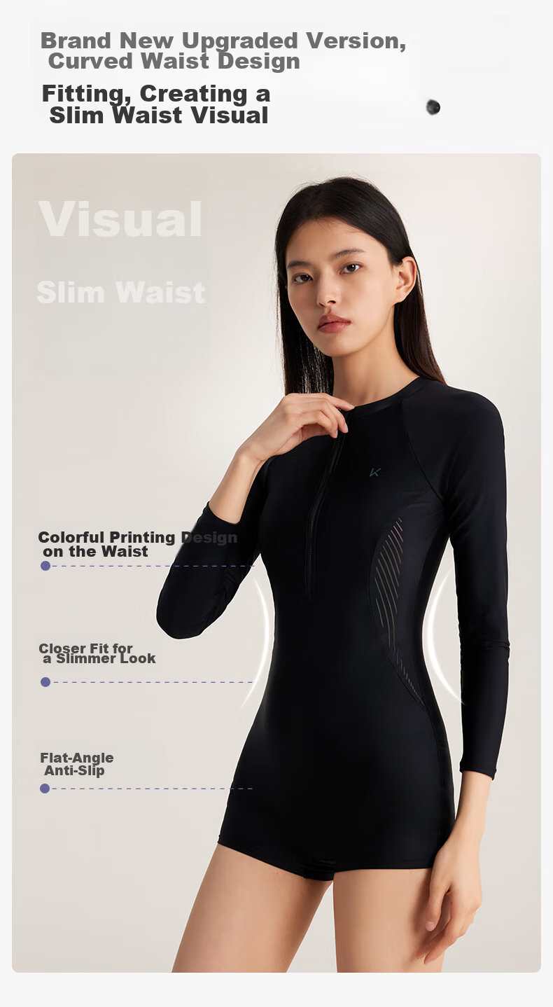 Keep Women's One-Piece Long-Sleeve Boyleg Swimsuit, Professional Training Conservative Plus Size Swimwear, 603 Black, L 4