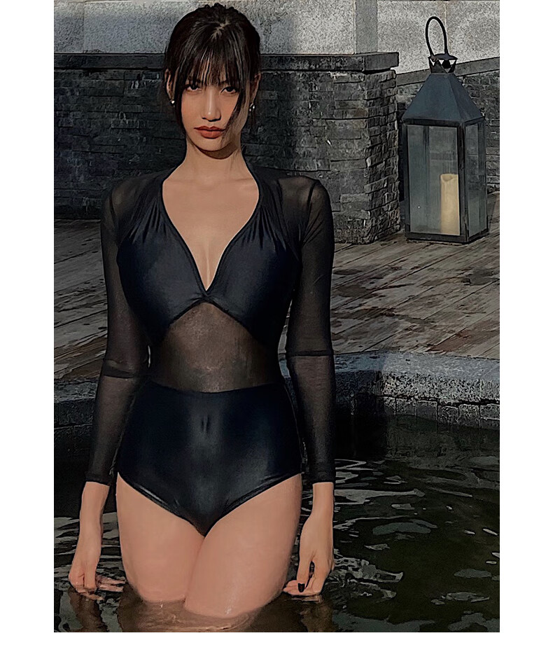 OMOM One-Piece Swimsuit for Women, Black High-Waist Slimming Tummy-Covering Mesh Spliced Long Sleeve Student Hot Spring Swimming Suit L 13