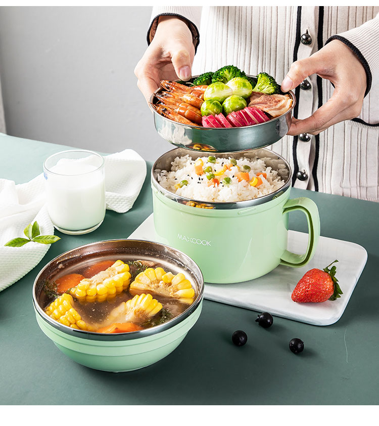 MAXCOOK 304 Stainless Steel Ramen Bowl, 13.5cm Plastic Steel Fast Food Cup, Student Lunch Box, Bento Box, Nordic Blue MCFT190 5
