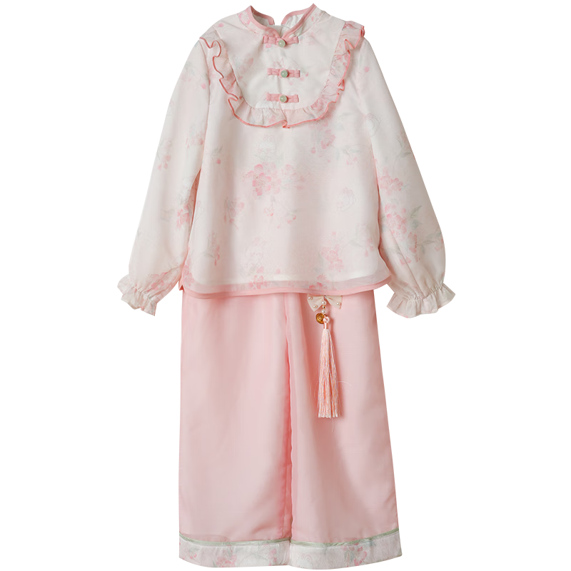 Menghu Jinese Hanfu Girls' Spring 2026 New Chinese Tang Suit Children's National Style Ancient Costume Pants Set, Pink, Size 120