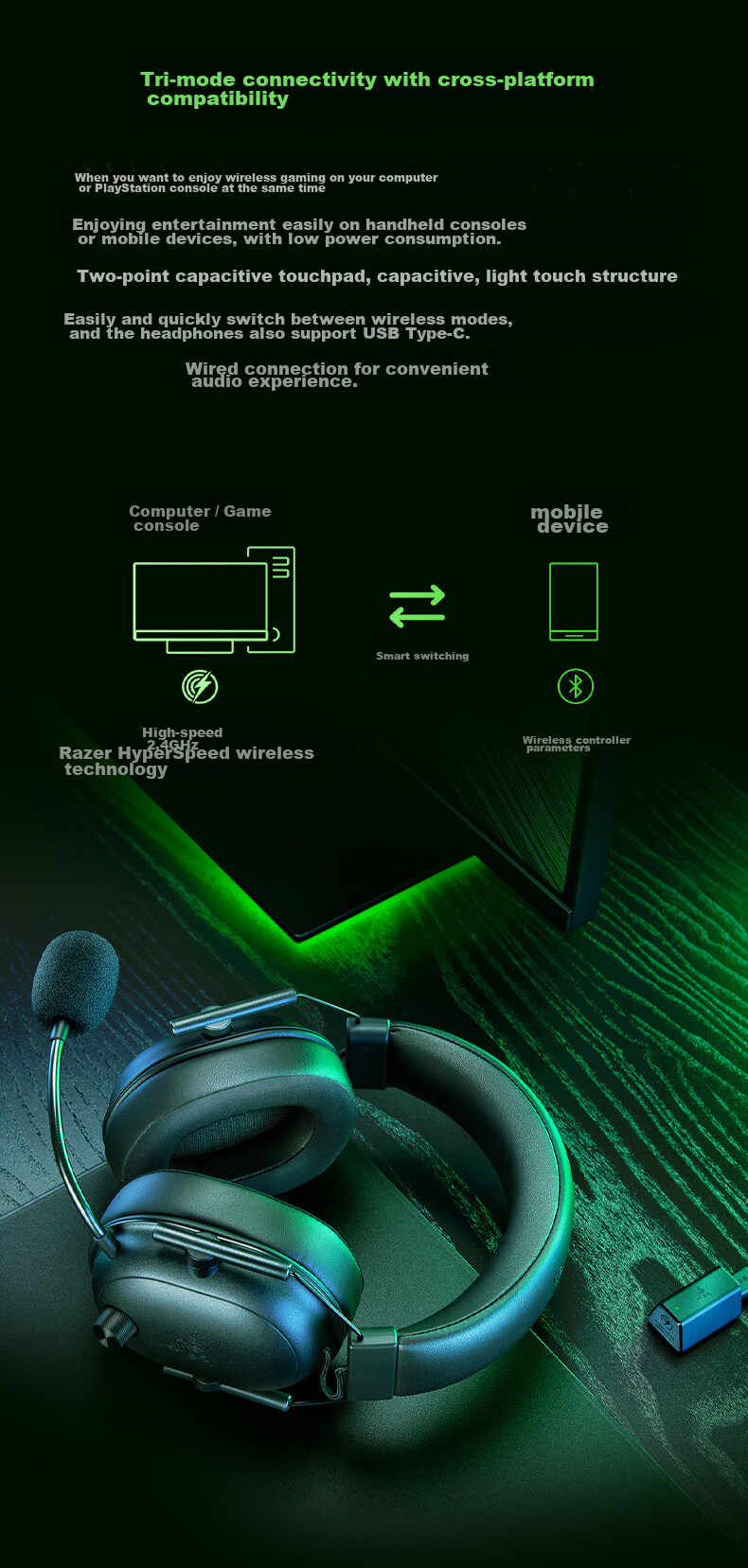 Razer BlackShark V2 X HyperSpeed Wireless Bluetooth Gaming Headset with Microphone, Tri-Mode Connection, Passive Noise Cancellation, Delta EQ Adjustment, CSGO, PUBG, Black 3