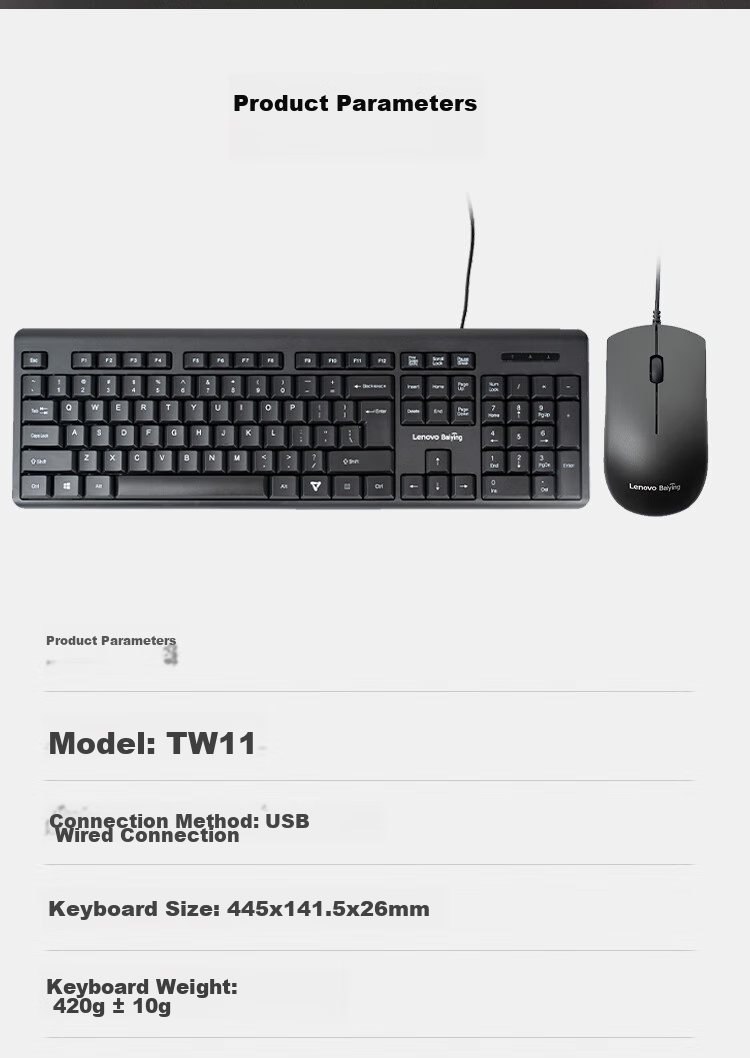 Lenovo Wired Keyboard And Mouse Combo, Full-Size Office Mouse And Keyboard Set, Business Computer Keyboard, All-In Desktop Laptop Keyboard TW11S 8