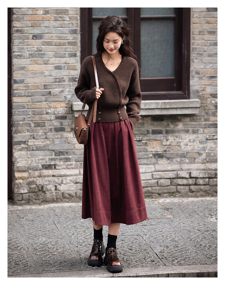 Dme [Crimson French-Style Midi Skirt], Waist-Symmetric Pleated Sharp Long Skirt, Crimson, M 8