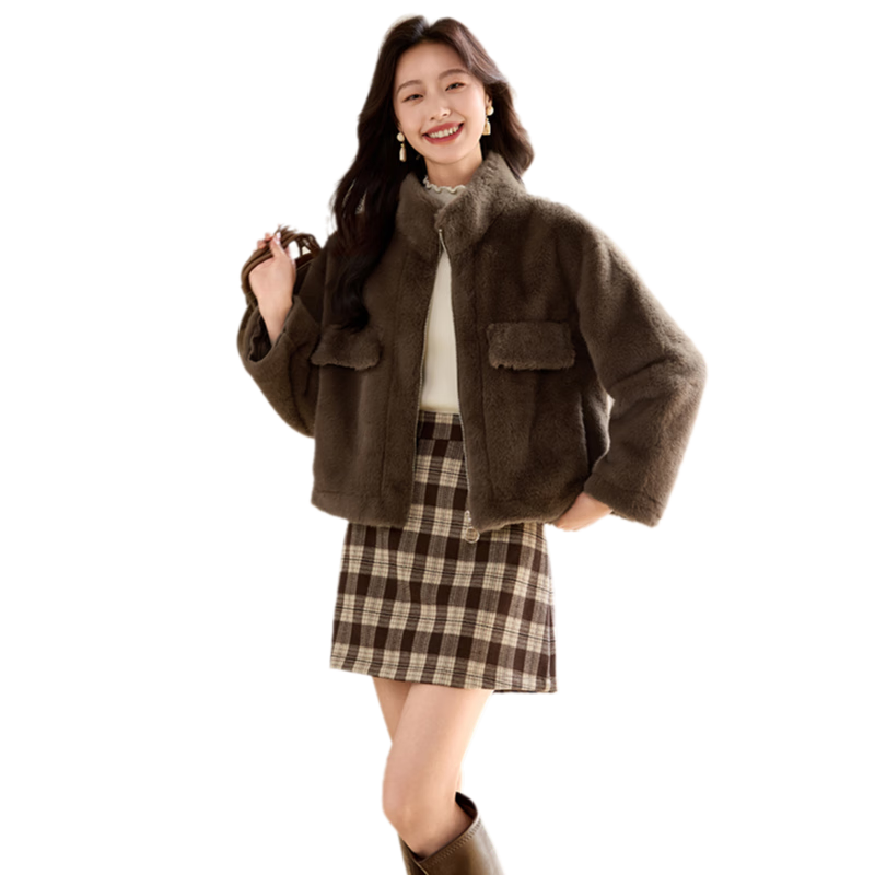 PinCai Women's Vintage Solid Color Short Fleece Jacket with Stand Collar P144U4008