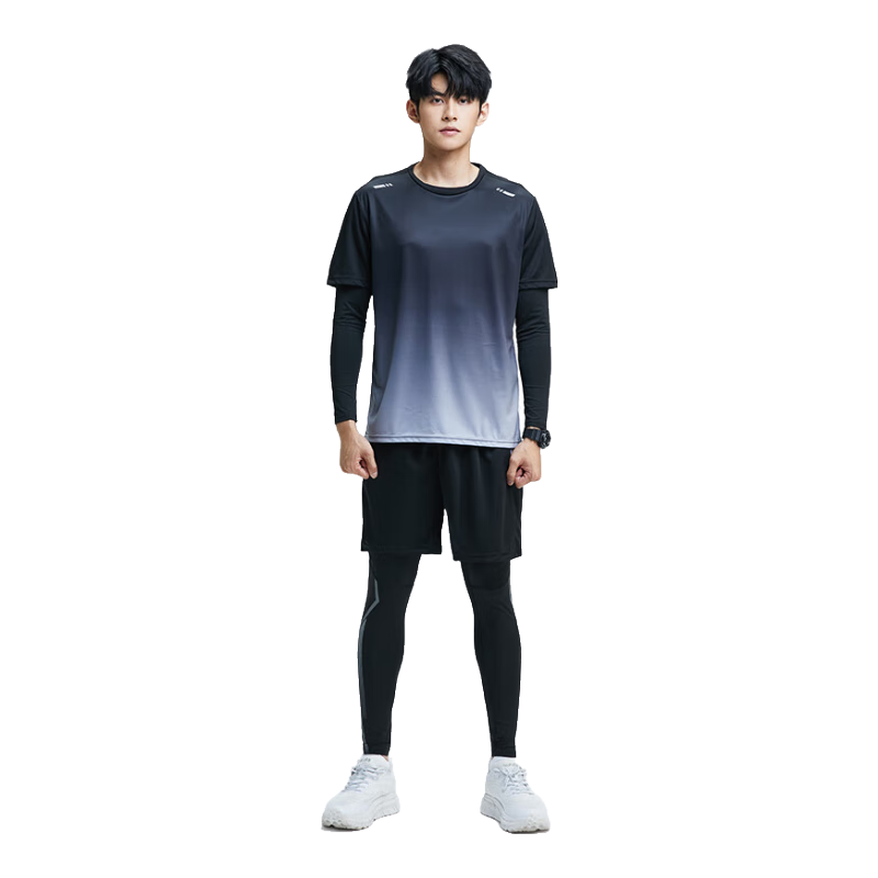 BURUITE Men's Sports Set, Running Gear, Morning Jog Fitness Wear, Cycling Training Tight-Fitting Quick-Dry Shirt, Badminton Outfit for Spring And Autumn Seasons