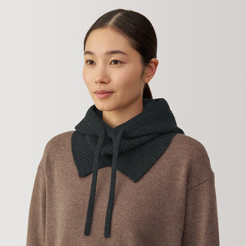 MUJI Wool, Rib Knit, Balaklava Hat, Knitted Beanie, Charcoal Gray