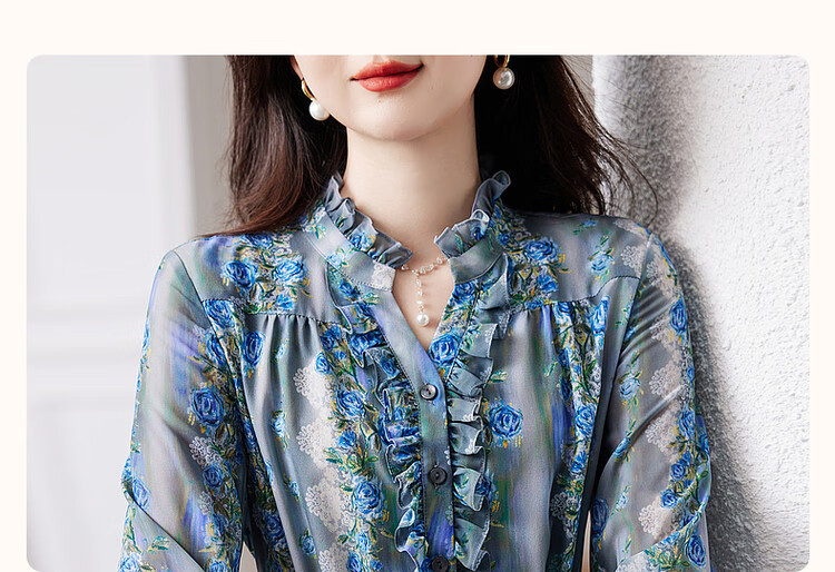 Dme [Huayao Crinkle Floral Print Dress], Spring And Autumn Stand-Collar Waist-Cinching Ruffle Trim Dress for Wome 4