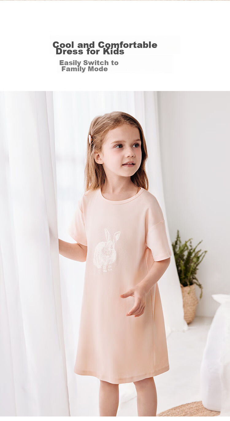 Junejunior [Under Babylove Brand], Children's Nightgown, Spring And Summer Short-Sleeve High-Count Pure Cotton Dress, Girls' Loungewear Pajamas 5