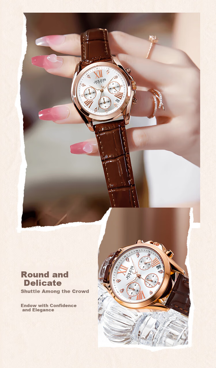 Julius Women's Watch with Calendar, Multifunctional Elegant Diamond-Studded Quartz Watch, Waterproof Ladies' Wristwatch, Brown JA-1482C 6