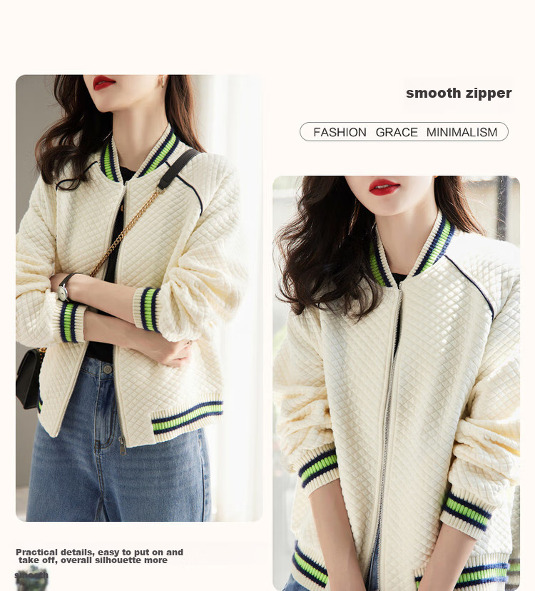 Dme Knitted Chanel-Style Spring And Autumn Baseball Collar Long-Sleeve Zipper Slightly Stretchy Quilted Jacket for Women, Short Style, Off-White, M 6