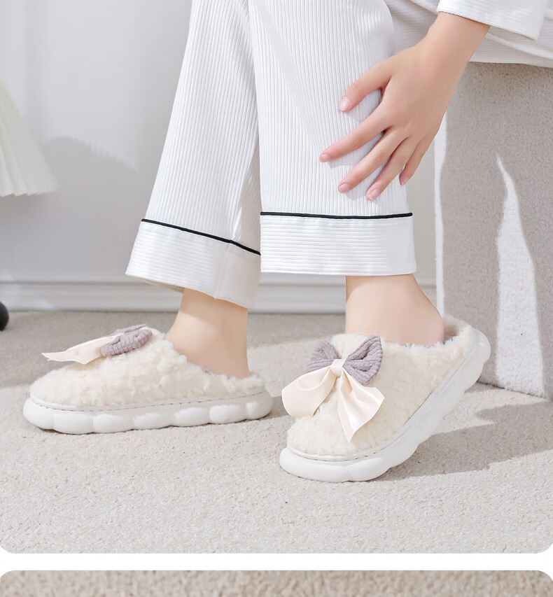 Huameijianbu Butterfly Bow Women's Cute Warm Thick-Soled Home And Outdoor Cotton Slippers HM298 White Size 40-41 26