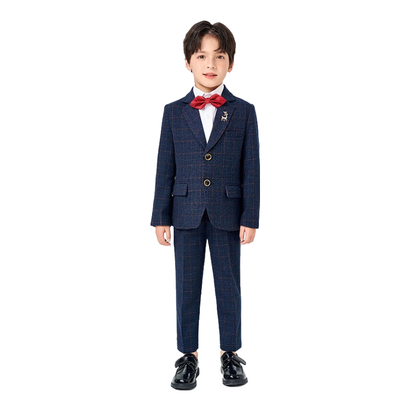 Luomeng Children's Suit Set, Flower Boy Host Formal Wear, Boys' First Birthday Piano Performance Outfit, Navy Blue And Yellow Plaid, Size 120