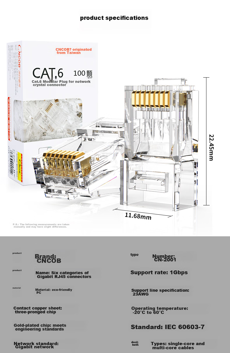 CNCOB Cat6 Professional Unshielded Gigabit Gold-Plated RJ45 Ethernet Cable Connector, Cat6 Crystal Head, 10 Pieces/bag, CN-2001 15