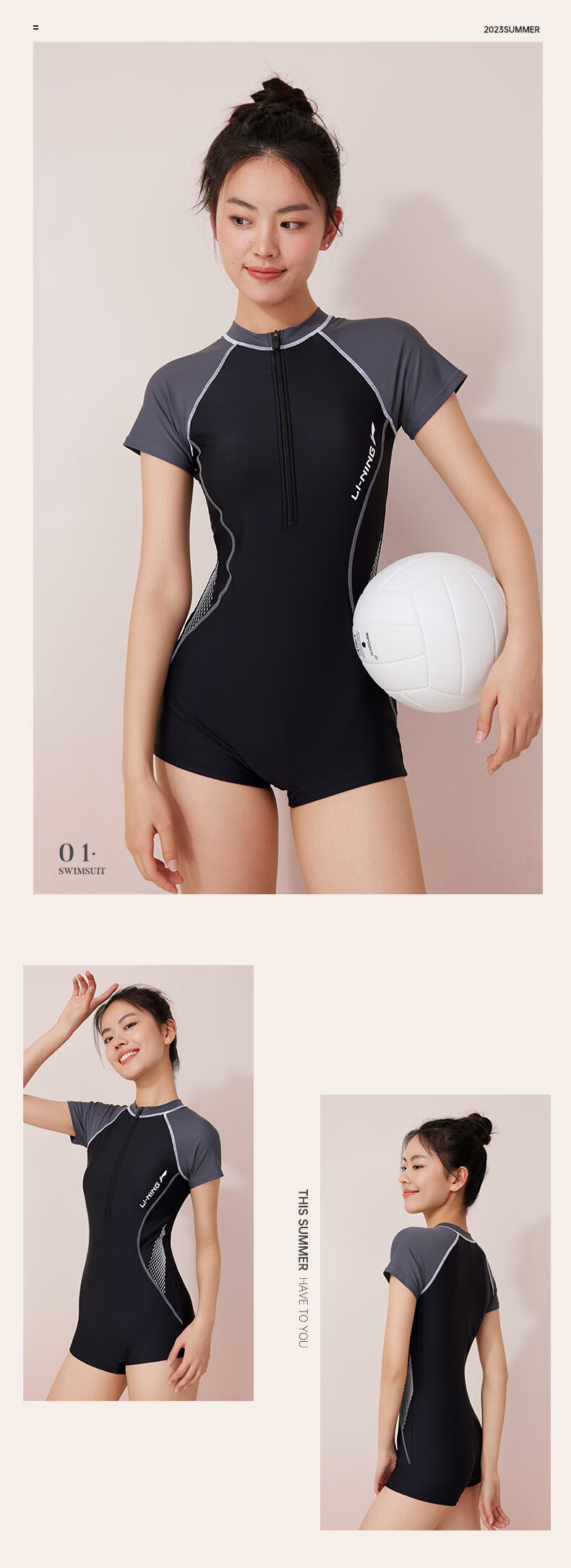 Li-Ning Women's Professional One-Piece Boyleg Swimsuit, Short-Sleeve Quick-Dry Conservative Swimwear LNYT035, Black And Gray, XXL 9