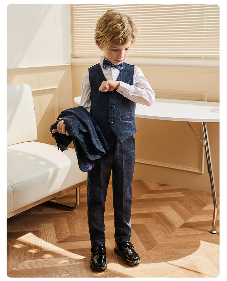 Luomeng Children's Suit Set, Boys' Host Flower Boy Formal Wear for Performances, Blue Plaid Five-Piece Set, Size 170 18