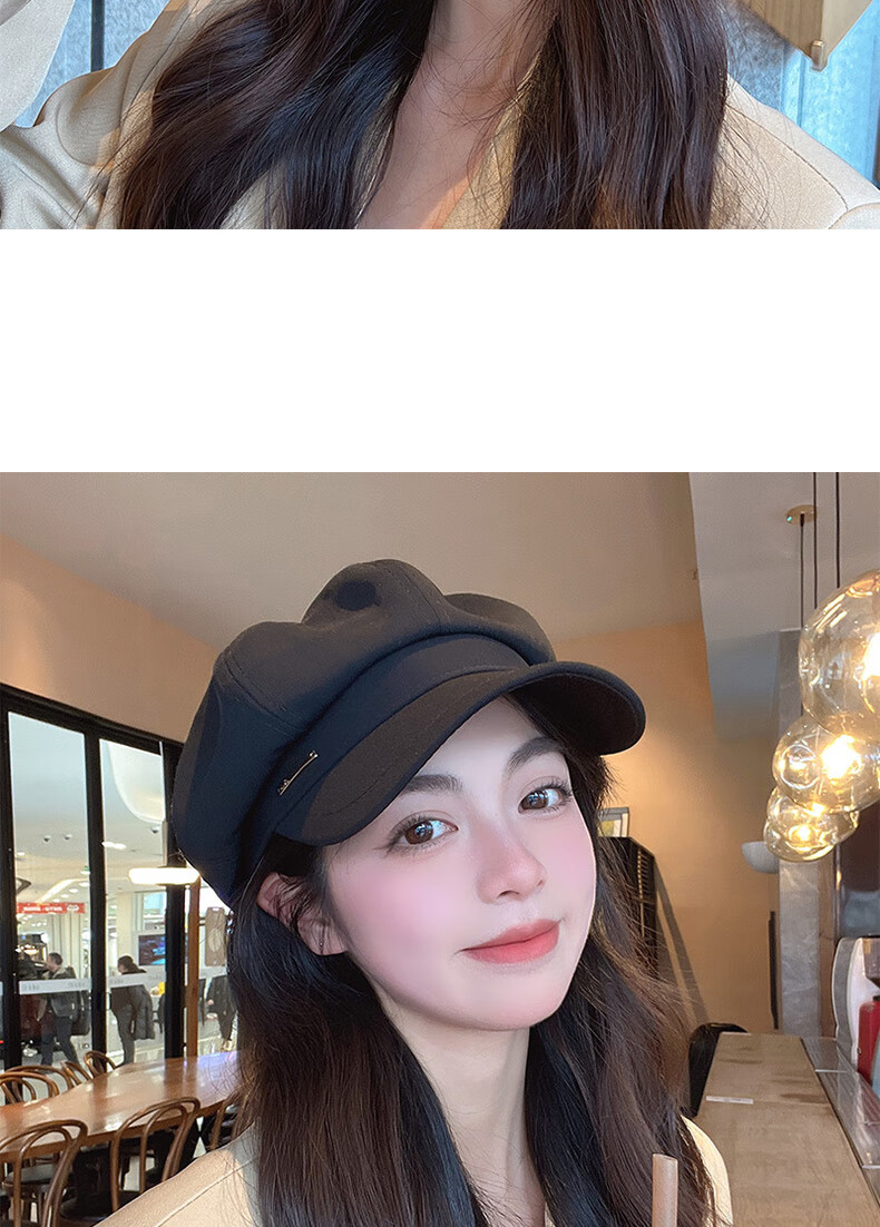 XUEXIMAN Women's Beret Hat Black Vintage Duckbill Octagonal Cap Large Head Circumference 9