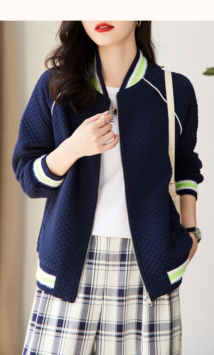 Dme Knitted Chanel-Style Spring And Autumn Baseball Collar Long-Sleeve Zipper Slightly Stretchy Quilted Jacket for Women, Short Style, Off-White, M 33