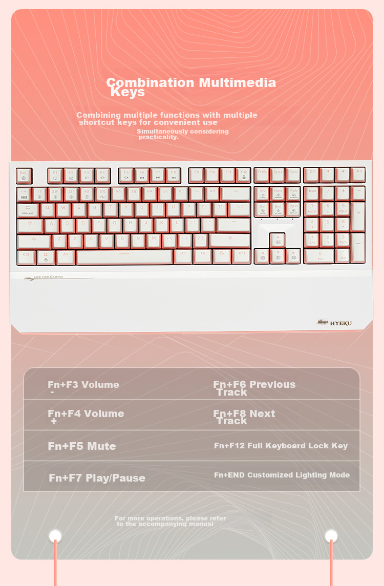 Hyeku X5Pro Wireless Bluetooth Wired Tri-Mode Keyboard with 108 Keys, PBT Keycaps, Peach Bubbles Water, Kaixia BOX Rose Red Switches 21