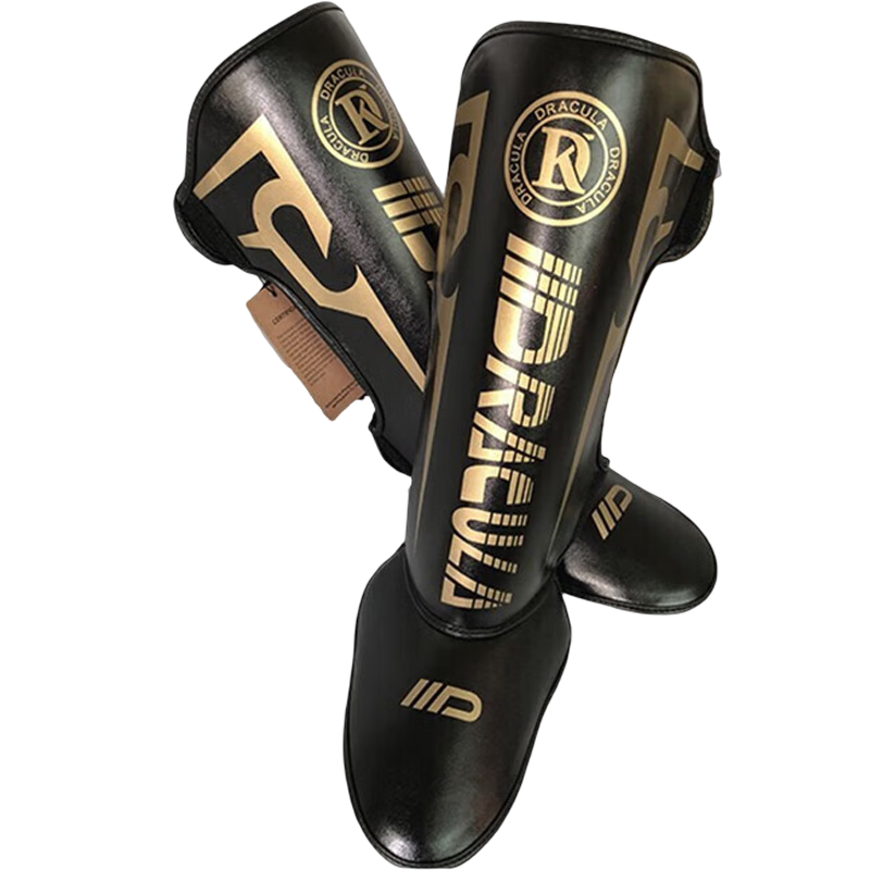 MUAYTHAI DRACULA Boxing And Kickboxing Leg Guards, Adult Muay Thai Fighting And Taekwondo Protective Gear for Children, Black And Gold Color, Size L