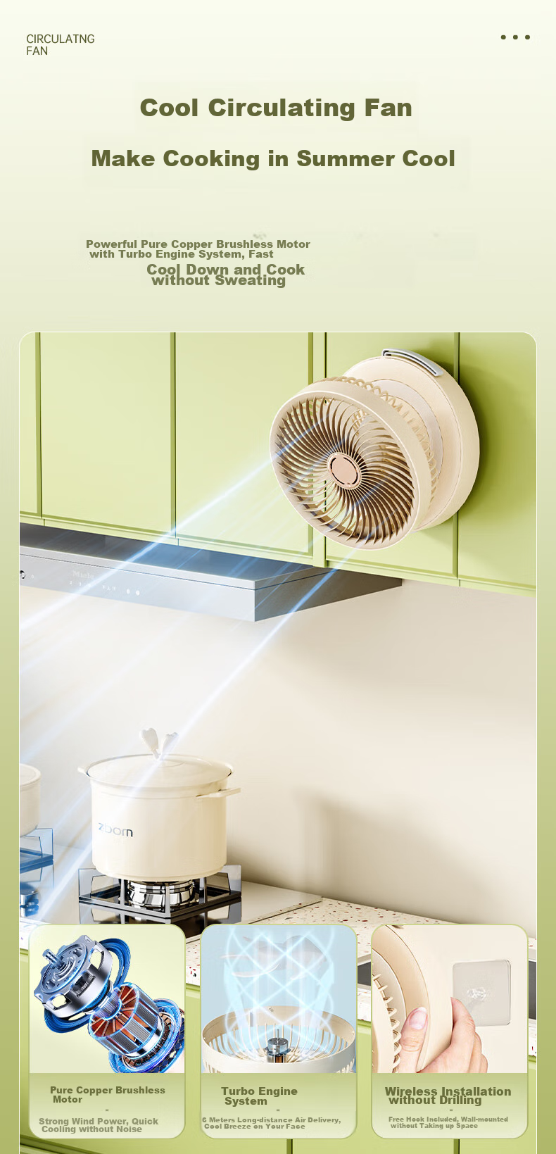 Xiyou Kitchen Wall-Mounted Fan, No Drilling Required, for Bed, Dormitory, Office Desk, Small Tabletop Rechargeable Electric Fan, Bathroom Air Circulator, Home-Use Mini Fa 2