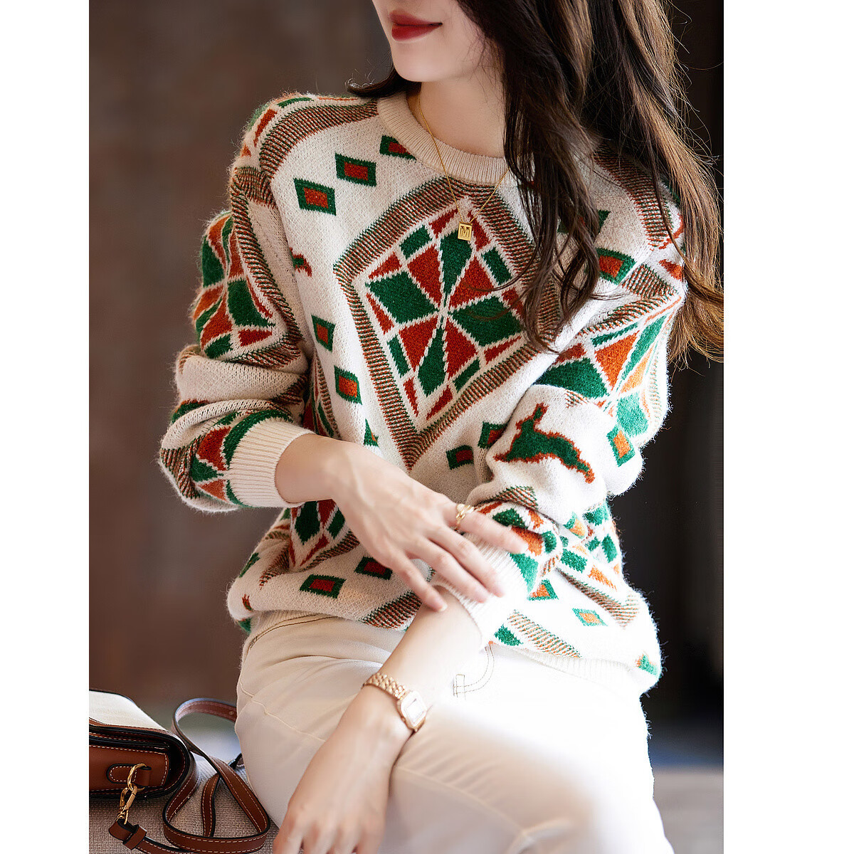 Dme [Geometric Knit Sweater], Spring And Autumn Commuter Round Neck Drop-Shoulder Long Sleeve Slightly Stretchy Simple Sweater for Wome