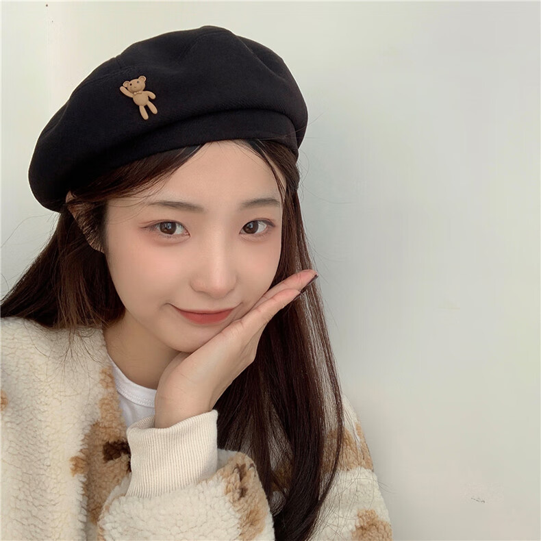 XUEXIMAN Japanese Vintage Cartoon Bear Brown Wool Beret Women's Fashionable Elegant Painter Hat 6