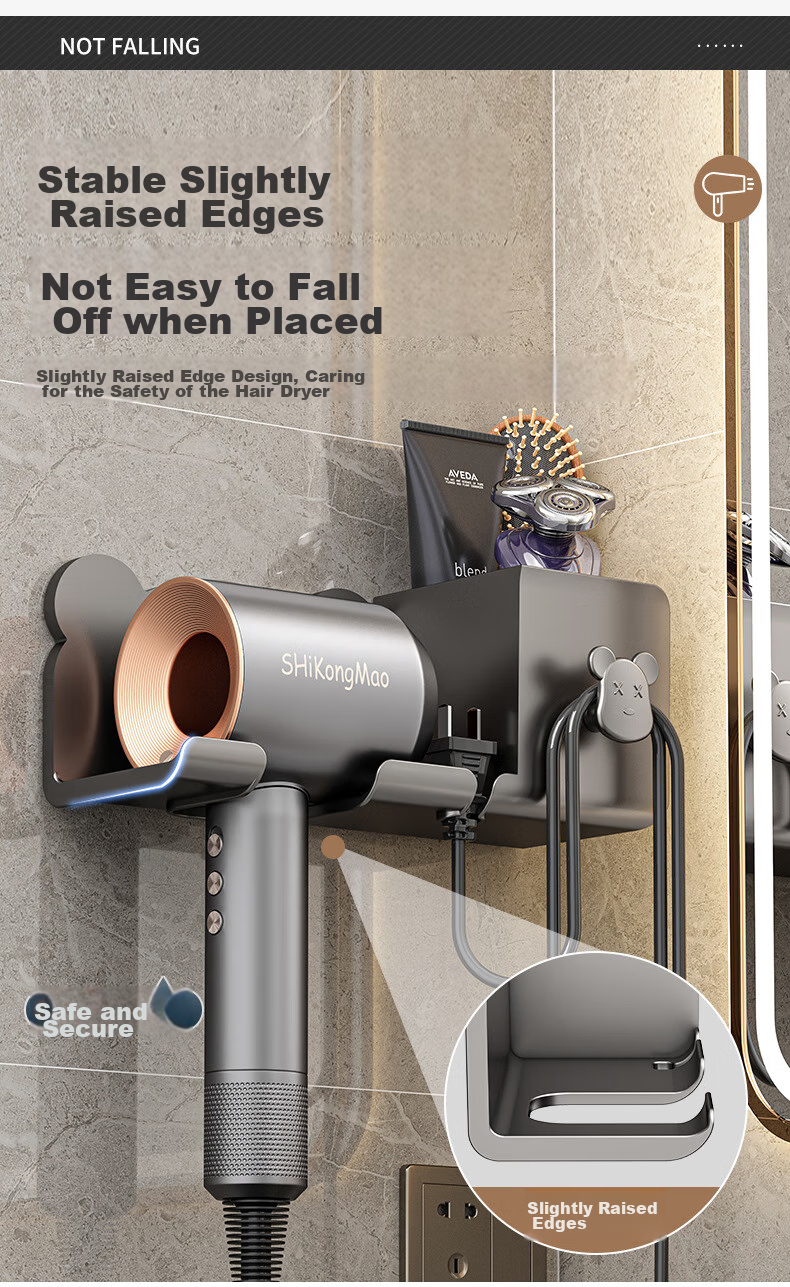 JEPPE Hair Dryer Holder, No Drilling Required, Wall-Mounted Bracket, ABS Material, Modern Style Bathroom Storage Rack, Bathroom Partition Organizer 15