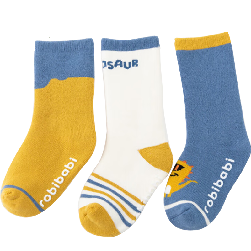 9I9 Baby Socks, Autumn And Winter, Non-Slip Mid-Calf Socks for Infants, Newborn Cotton Socks, Terry Cloth, 3 Pairs, A367 Dinosaur