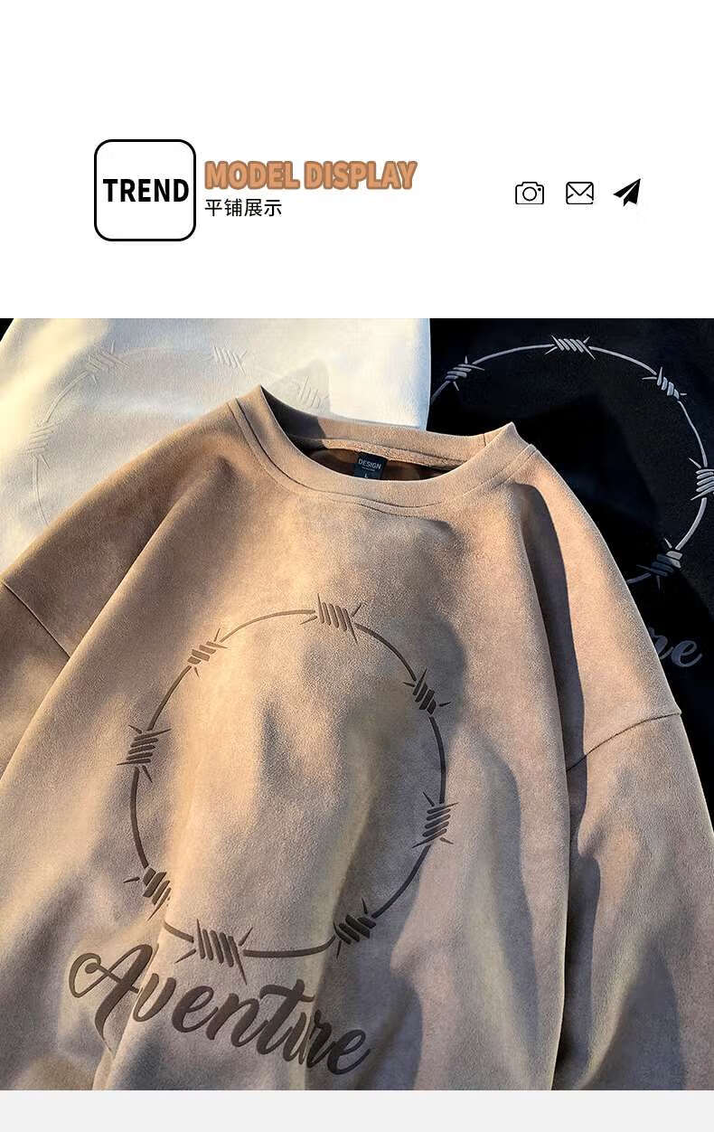 Foss Phil Men's Faux Fur Sweatshirt, Spring And Autumn American Retro Round Neck Top, Loose Casual Base Layer Y307 Beige XL 1