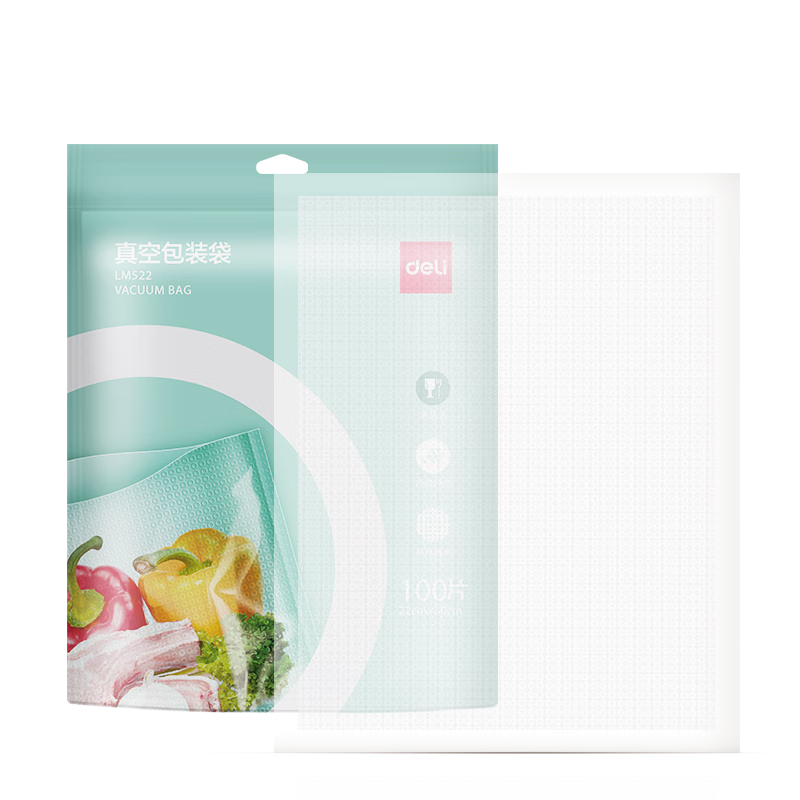 Deli Vacuum Sealing Machine for Home And Commercial Use, Food Vacuum Packaging Bags with Safety Food-Grade Material, 22*30CM/100 Pieces