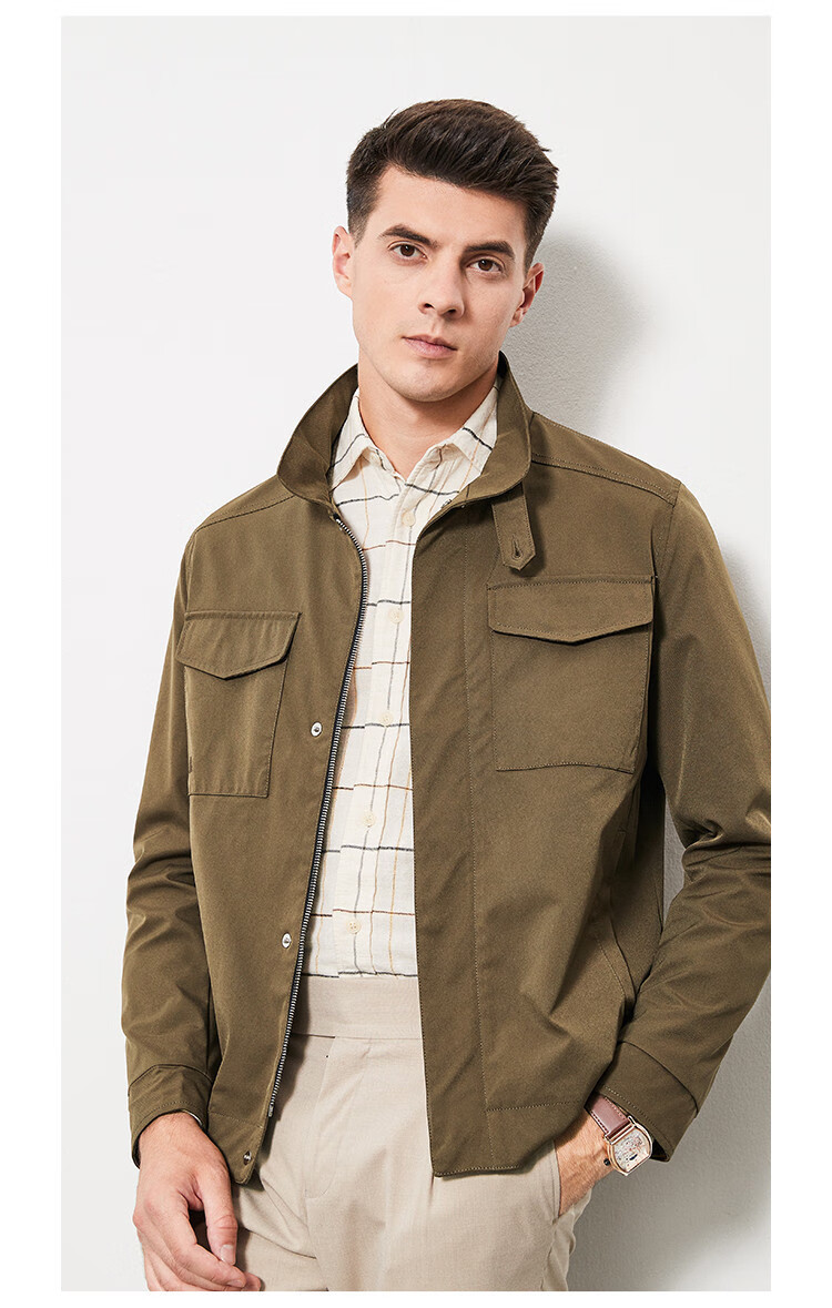 FIRS [Vintage Workwear] Men's Jacket, Business Casual Solid Color Workwear Pocket Stand-Collar Cardigan Men's Outerwear 3