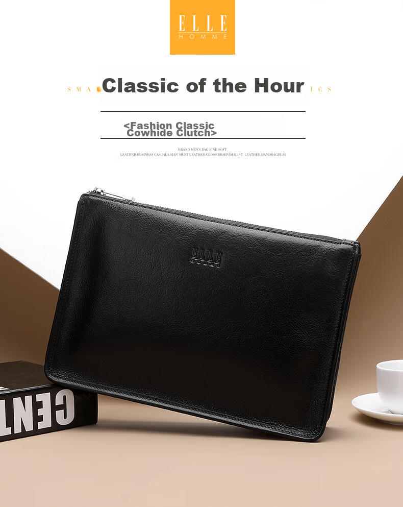 ELLE HOMME Men's Clutch Bag, High-Quality Top-Layer Leather Zipper Wallet, Large Capacity Handbag, Fashionable Men's Bag, 01850 Black, Birthday Gift for Boyfriend 1