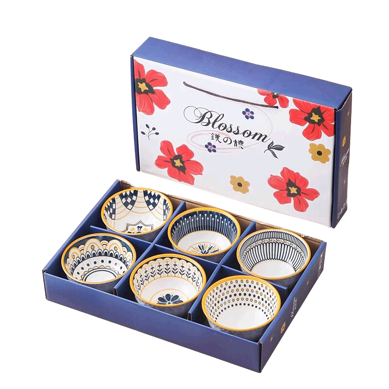 CERAMICS Japanese-Style Gift Box Ceramic Rice Bowls Set with Underglaze Color, Home Dining Utensils, Nordic Style, 4.5-Inch Bowls, Set of 6