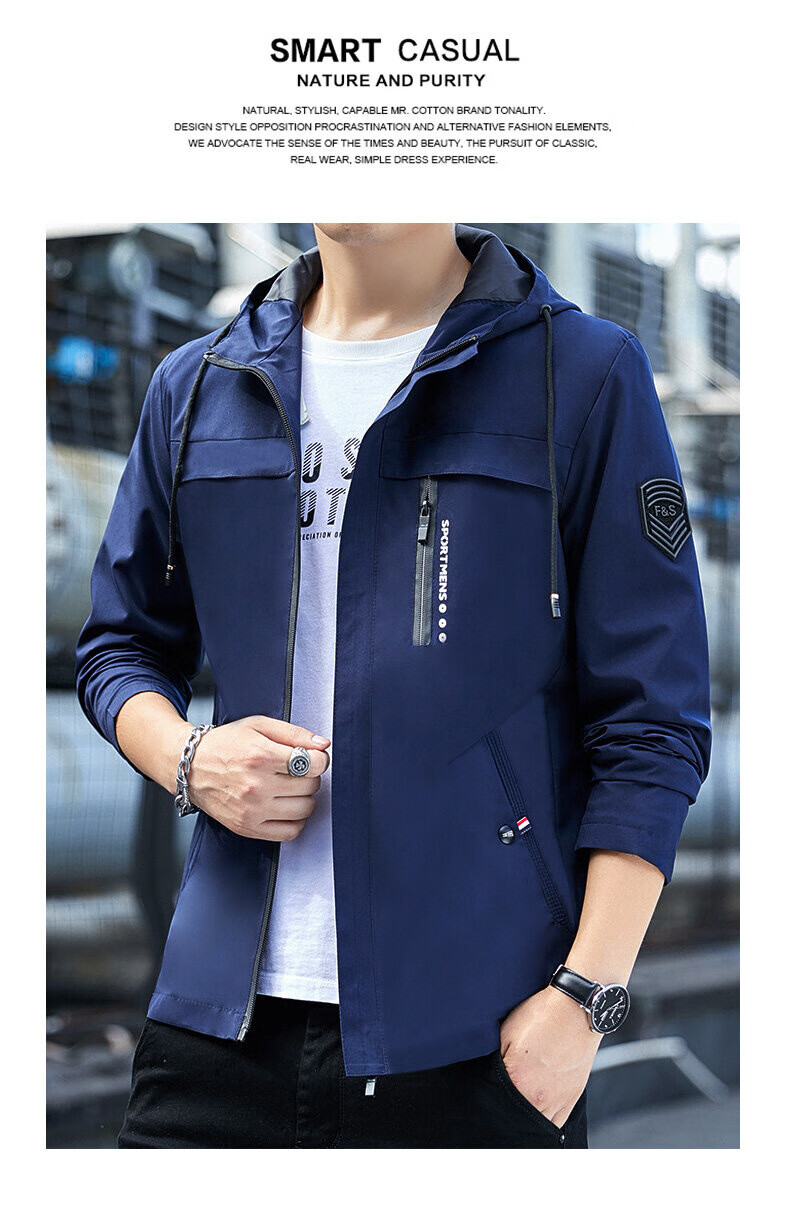 Pierre Cardin Men's Spring Autumn Hooded Loose Windproof Outdoor Sports Casual Jacket Dark Blue 3XL 7