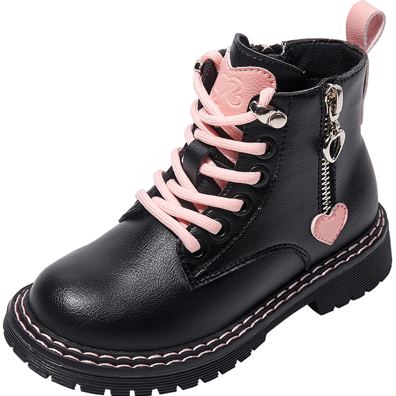 Barbie Kids Spring and Autumn Single-Lined Children's Boots Girls Martin Boots Fashion Short Leather Boots DA5085 Black Size 28