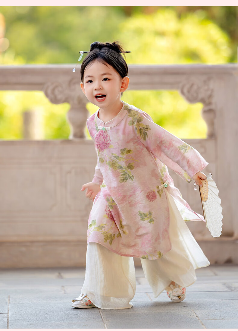 Menghu Ruoli Hanfu Girls' 2026 Spring New Chinese-Style Set, Vintage-Style Long-Sleeve National Style Parent-Child Outfit, Pink Floral Pattern, Size 150 4
