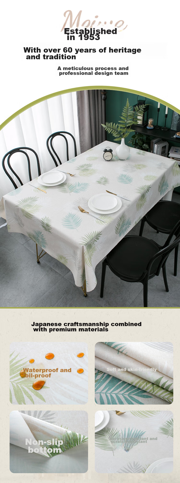 MEIWA Waterproof And Oil-Proof Fabric Tablecloth, High-Quality Square Dining Table Mat, Coffee Table Cover, 130*180cm, Wutong Leaf Patter 1