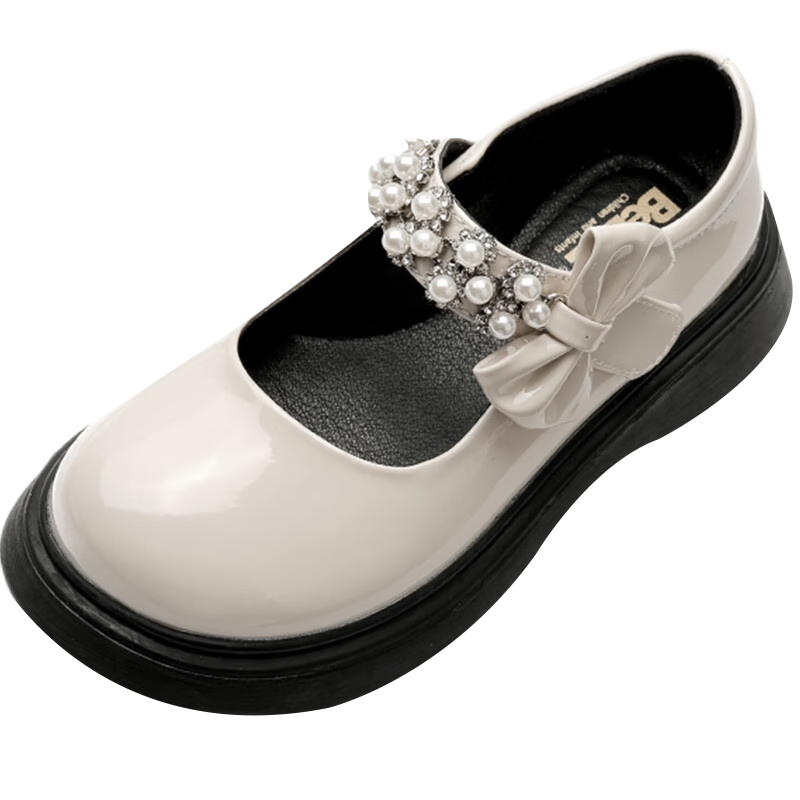 Belle Children's Shoes, Girls' Leather Shoes, Spring And Autumn Performance Shoes, Student Shoes, Fashionable Flats, Children's Princess Shoes, Beige, Size 31