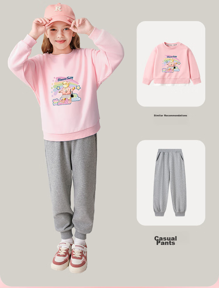 Classic Teddy Girls' Sweatshirt, Children's Autumn Wear, Casual Top for Young Kids, Fashionable And Versatile, Light Pink, Size 100 3