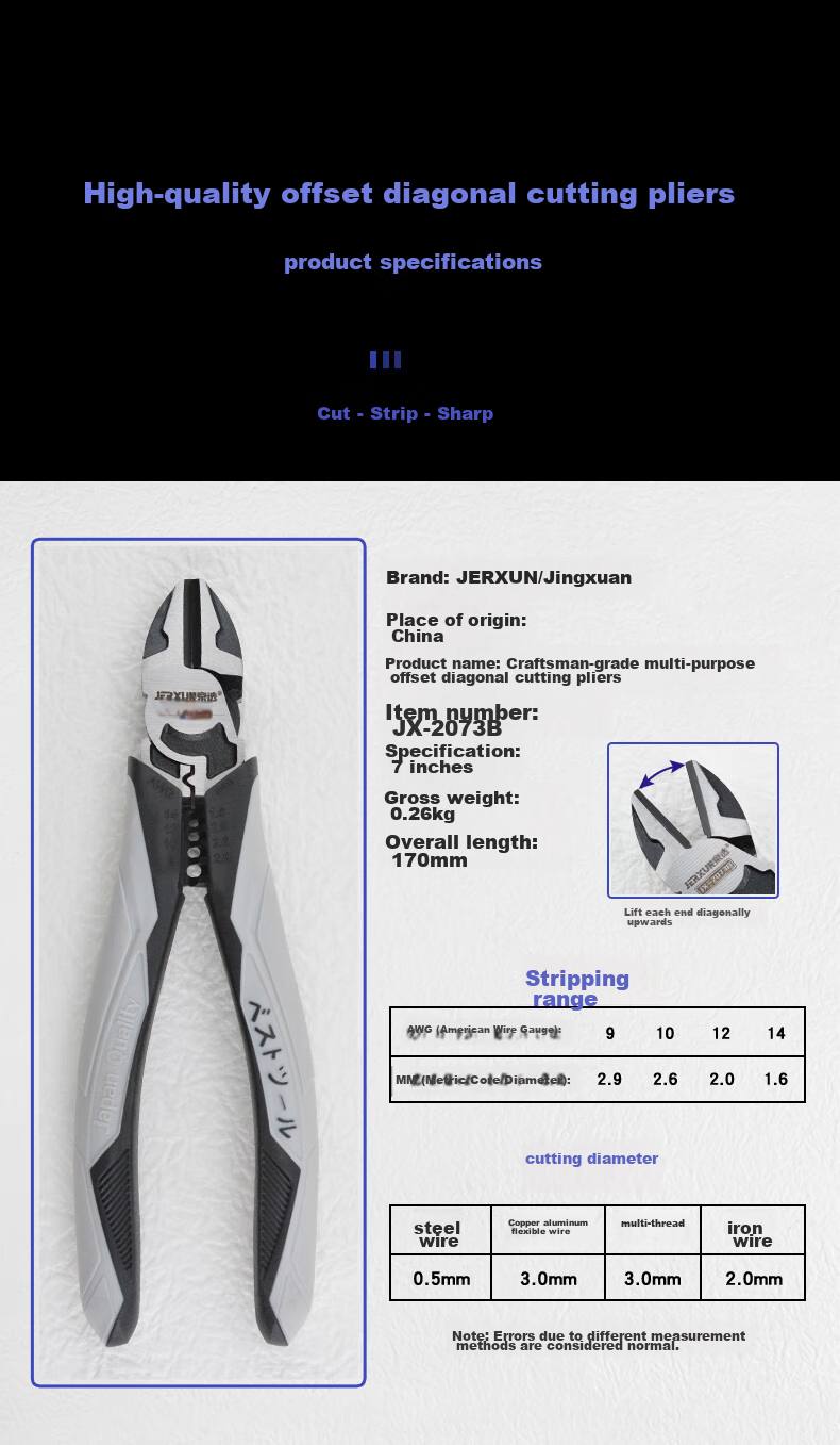 JERXUN Diagonal Cutting Pliers, 7-Inch Offset Diagonal Wire Strippers And Crimpers, Multifunctional Labor-Saving Electronic Pliers Tool 3