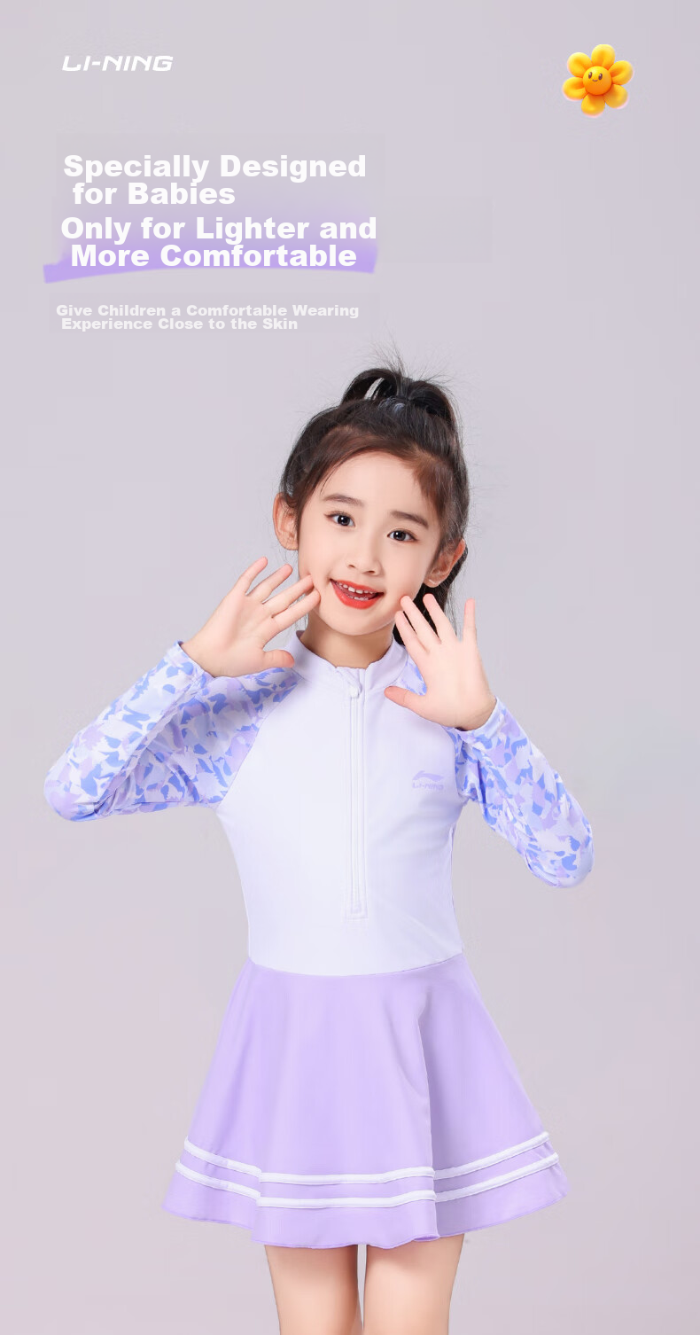 Li-Ning Children's Swimsuit, Girls' Cute One-Piece Swimwear, Conservative Casual Style, 736 Long-Sleeve Version, Size 120 5