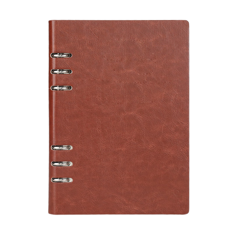 Xuchenwenju Leather Business Loose-Leaf Notebook, A5 Size, Brown, 100 Sheets, 200 Pages, 6 Rings, Office Meeting Journal, Detachable, Thickened Diary, Customizable LOGO for Organizations And Businesses