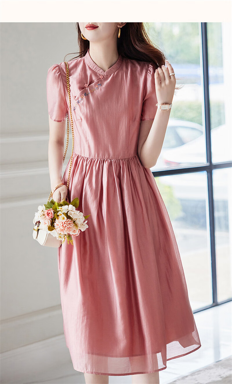 Dme [Elegant A-Line Embroidered Dress] Summer Commuter Stand-Collar Button-Up Midi Dress for Wome 11