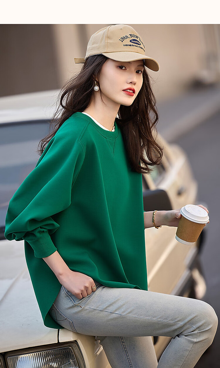 Dme [Stylish Blogger Style] Spring And Autumn Sun Holiday Round Neck Long-Sleeve Elastic Textured Air Layer Sweatshirt Women's Top 12