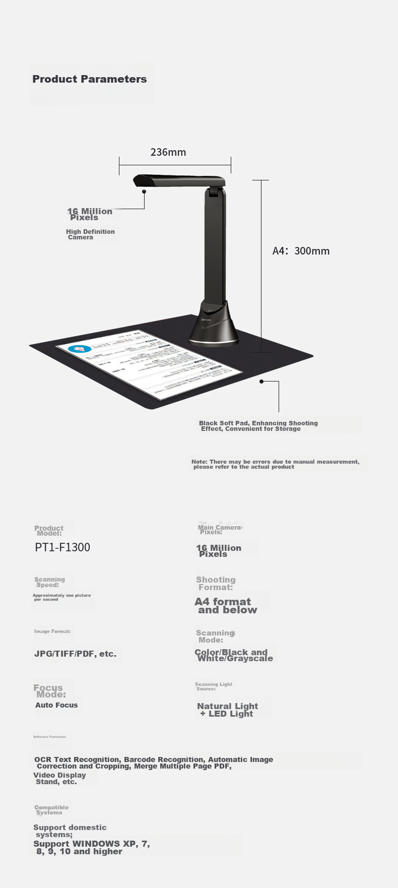Lianxiang (Lenovo) Scanner, High-Speed Document Camera, Continuous Scanning, High-Speed Office Use, Document Scanning Upgraded to 20 Million Pixels, A4 Soft Base Portable, PT1-F1300 14