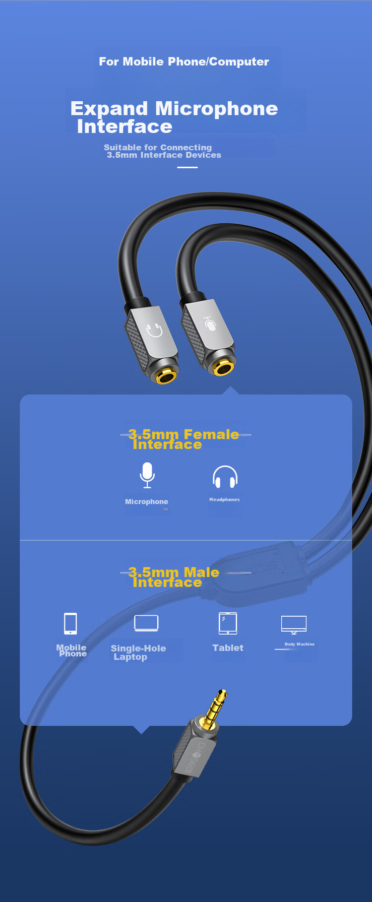 CHOOSEAL (CHOSEAL) Headphone Microphone Splitter Cable, Silver-Plated Copper Graphene Shielding, 3.5mm Mobile Audio Cable Splitter for Headphones And Microphone Adapter, 1 Meter, QS3548T1 3