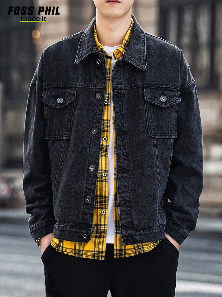 Foss Phil Men's Denim Jacket, Spring And Autumn Casual Retro Trendy Loose Fit Hong Kong Style Workwear Jacket Top FPJK4 Black XL 16