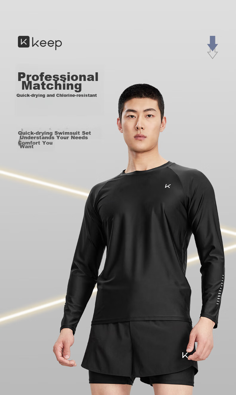 Keep Men's Long-Sleeve Swimsuit, Quick-Dry, Anti-Embarrassment, Professional Hot Spring Surfing Suit, Swimming Gear, Black, XL 1