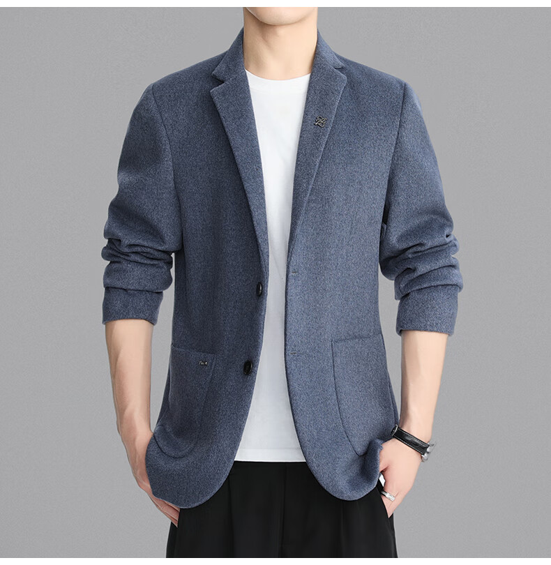 ROMON Men's Wool Blend Blazer Spring Autumn Business Casual Single Suit Coat Warm Jacket XF87 Dark Blue L 2