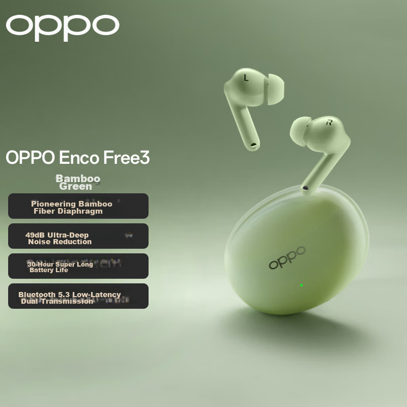 OPPO Enco Free3 True Wireless Active Noise-Cancelling Bluetooth In-Ear Headphones for Music, Sports, Gaming, And Running, Compatible with Apple, Huawei, Xiaomi Phones, Bamboo Gree